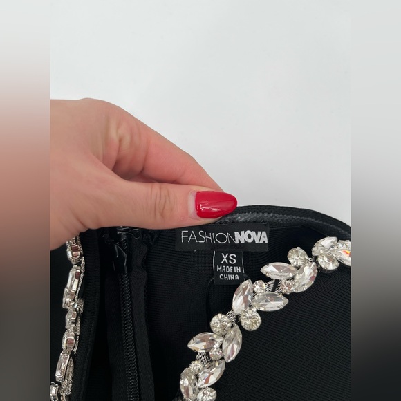 Black rhinestone strapless plunge bandage midi dress XS glam night out birthday - Picture 10 of 16